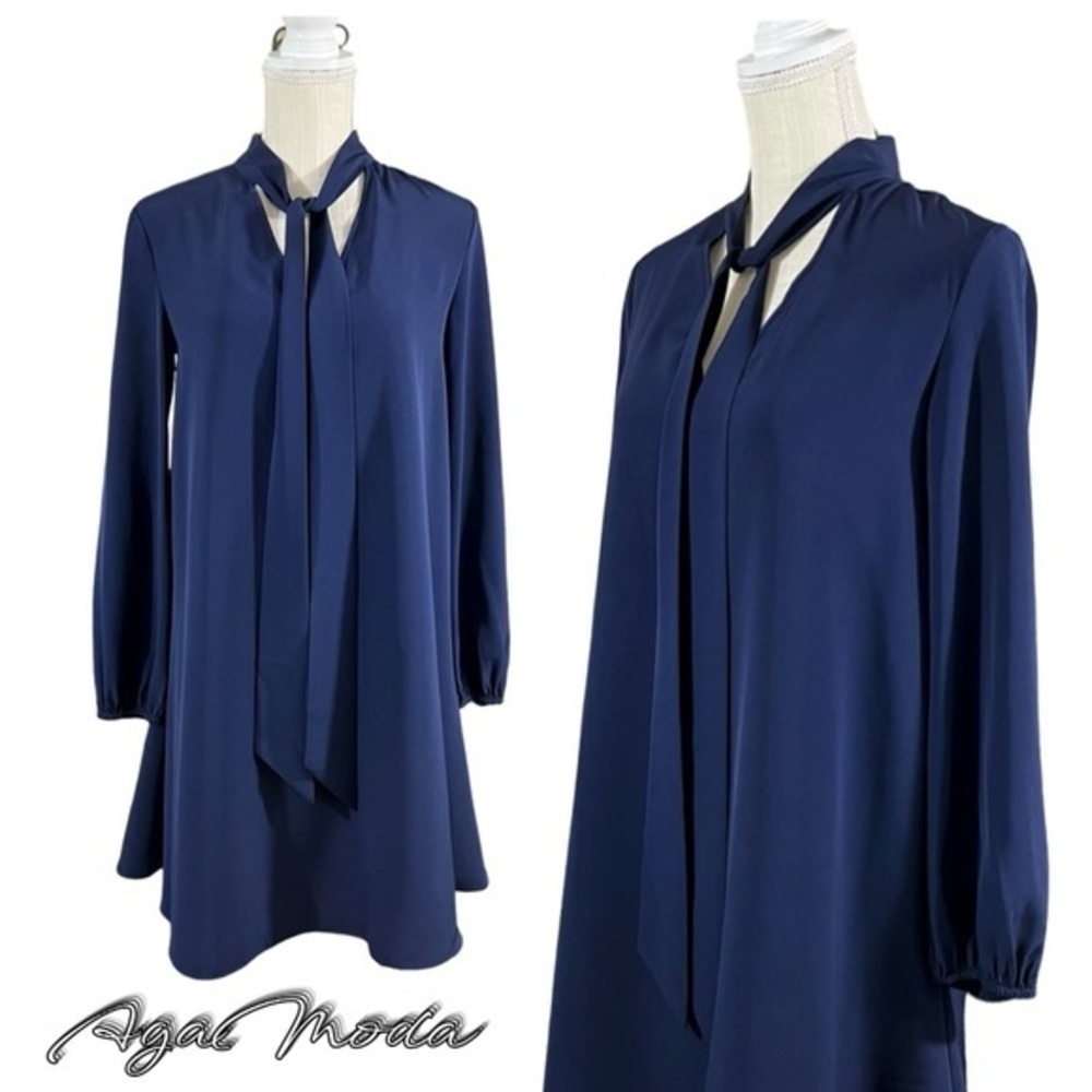 Amanda Uprichard Navy Shift Dress with Tie Neckline